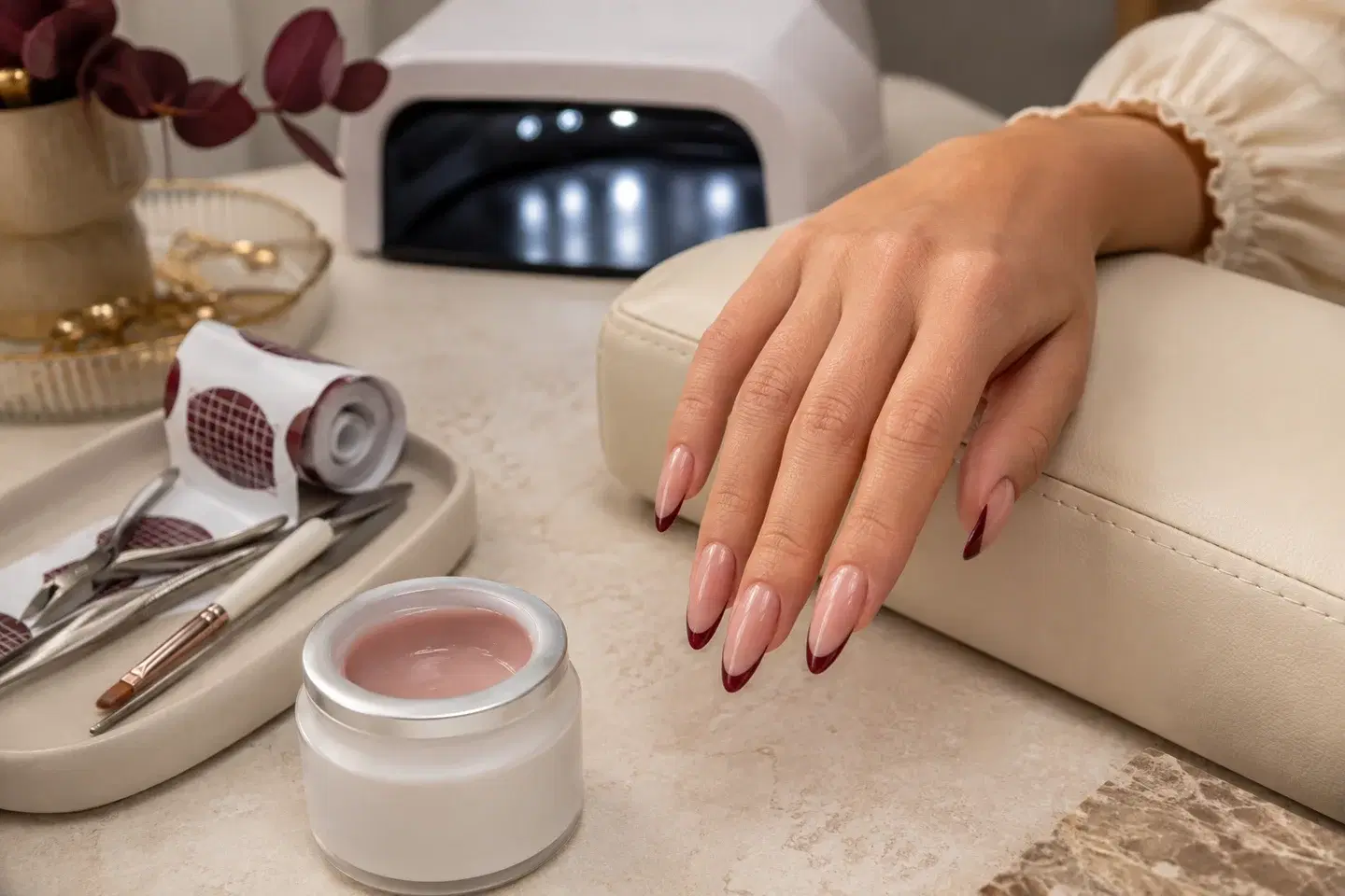 Lange gelverlengingen met bordeauxrode French tips bij een werkplek met bouwgel en nagelsjablonen.
